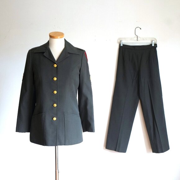 Vintage 80s Women's Military Army Green Gabardine 2 Piece Dress Suit